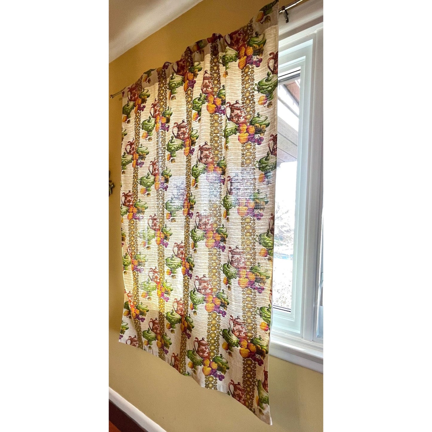 Vintage 60s curtain, fruits and kitchenware, single kitchen panel