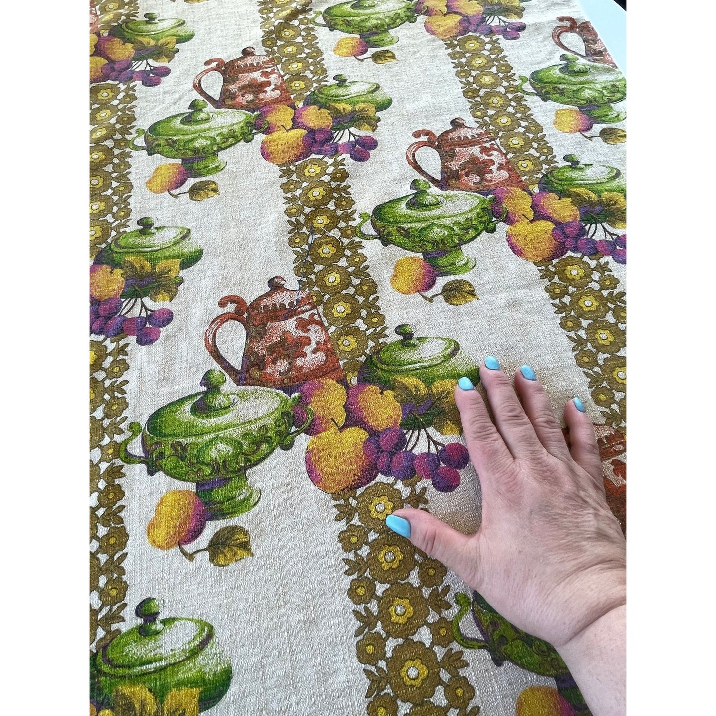 Vintage 60s curtain, fruits and kitchenware, single kitchen panel
