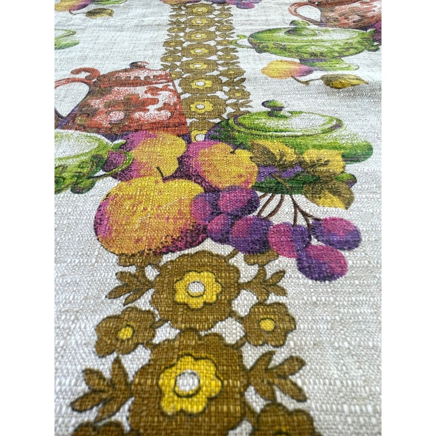 Vintage 60s curtain, fruits and kitchenware, single kitchen panel