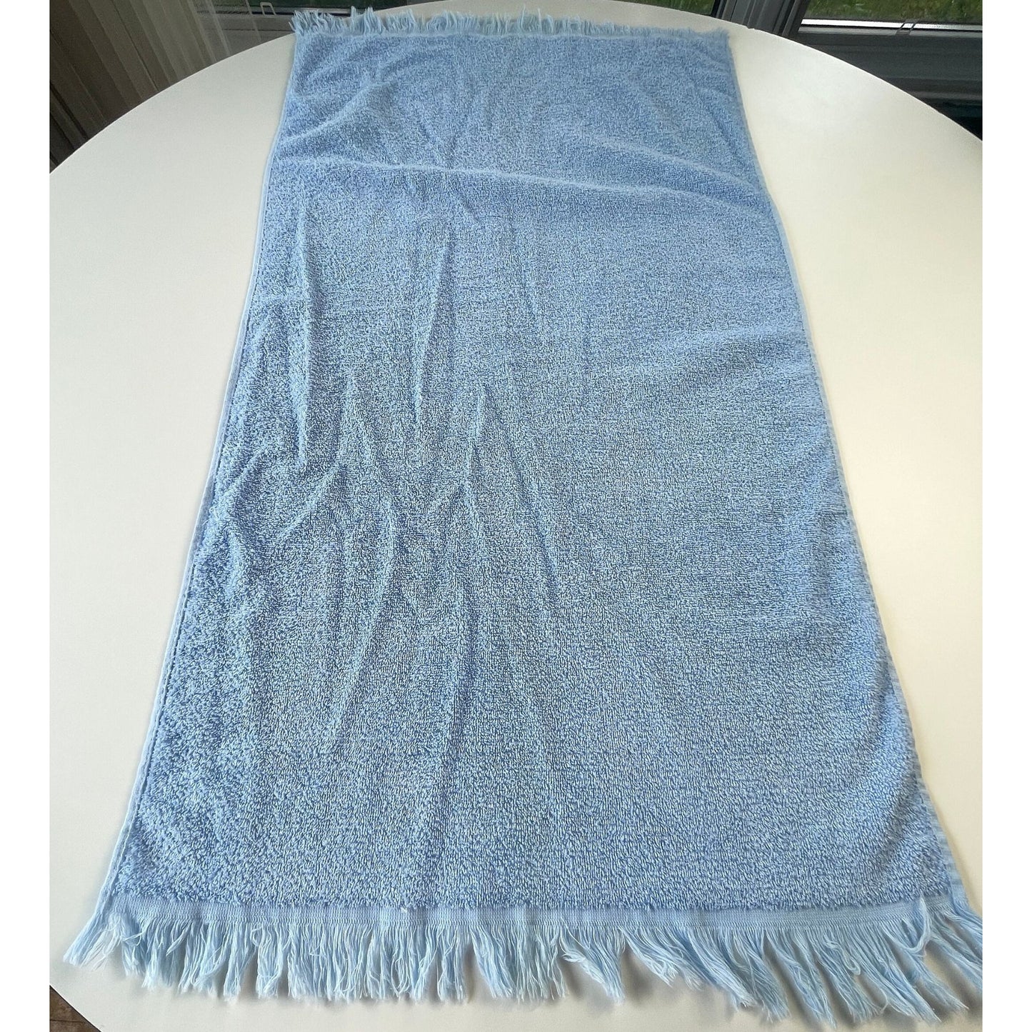 Vintage 70s bath towel, blue purple teal flowers, fringed,