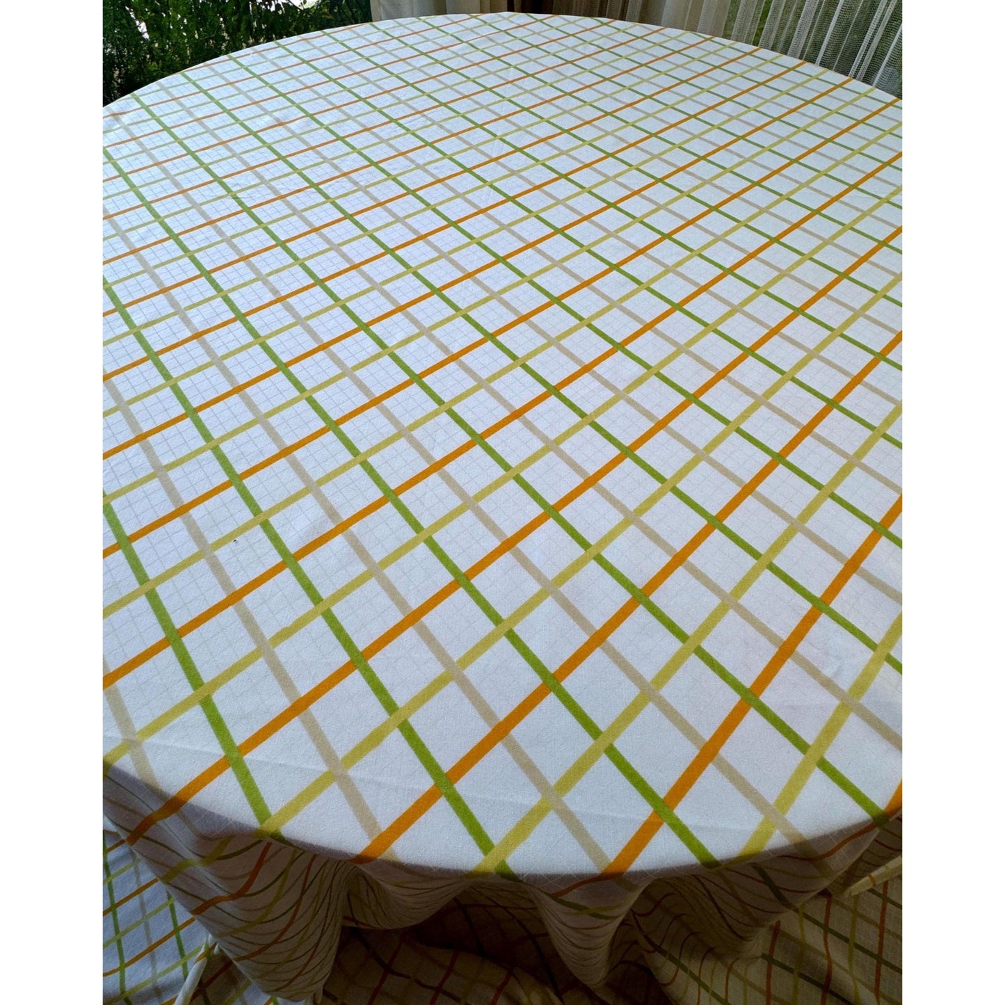 Vintage 70s top / flat sheet, yellow green orange diagonal squares, double / full size bed, TexStyle USA