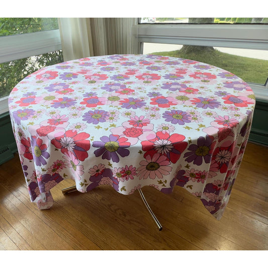 Vintage 70s floral tablecloth, pink, red & purple, rectangle
