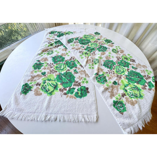 Vintage 70s bath towels, large green roses bouquet, pair, Cannon