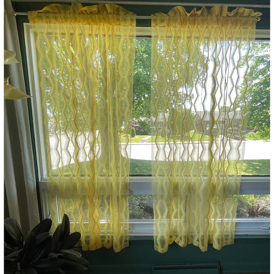 Vintage 70s curtain, yellow geometric sheer fabric