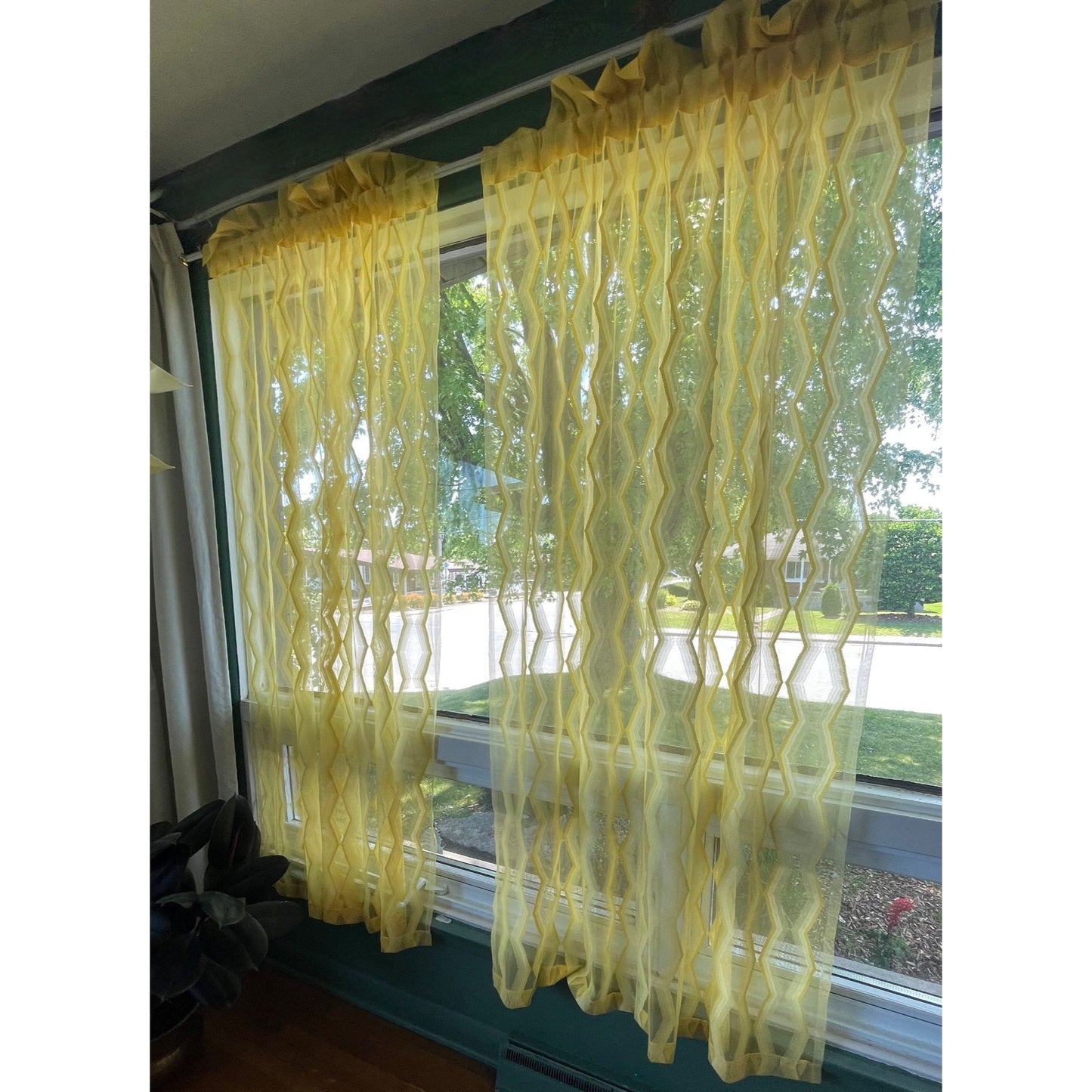 Vintage 70s curtain, yellow geometric sheer fabric