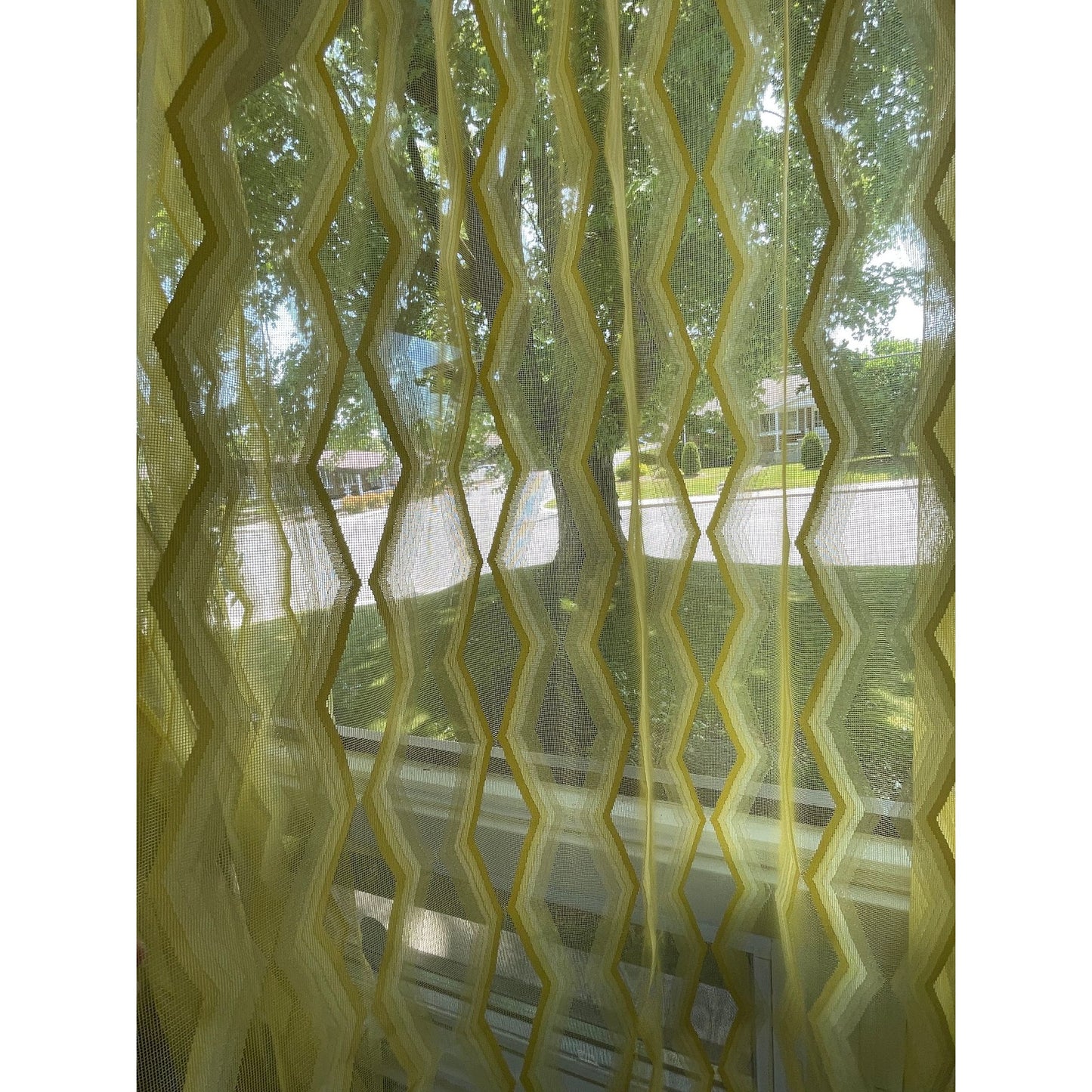 Vintage 70s curtain, yellow geometric sheer fabric