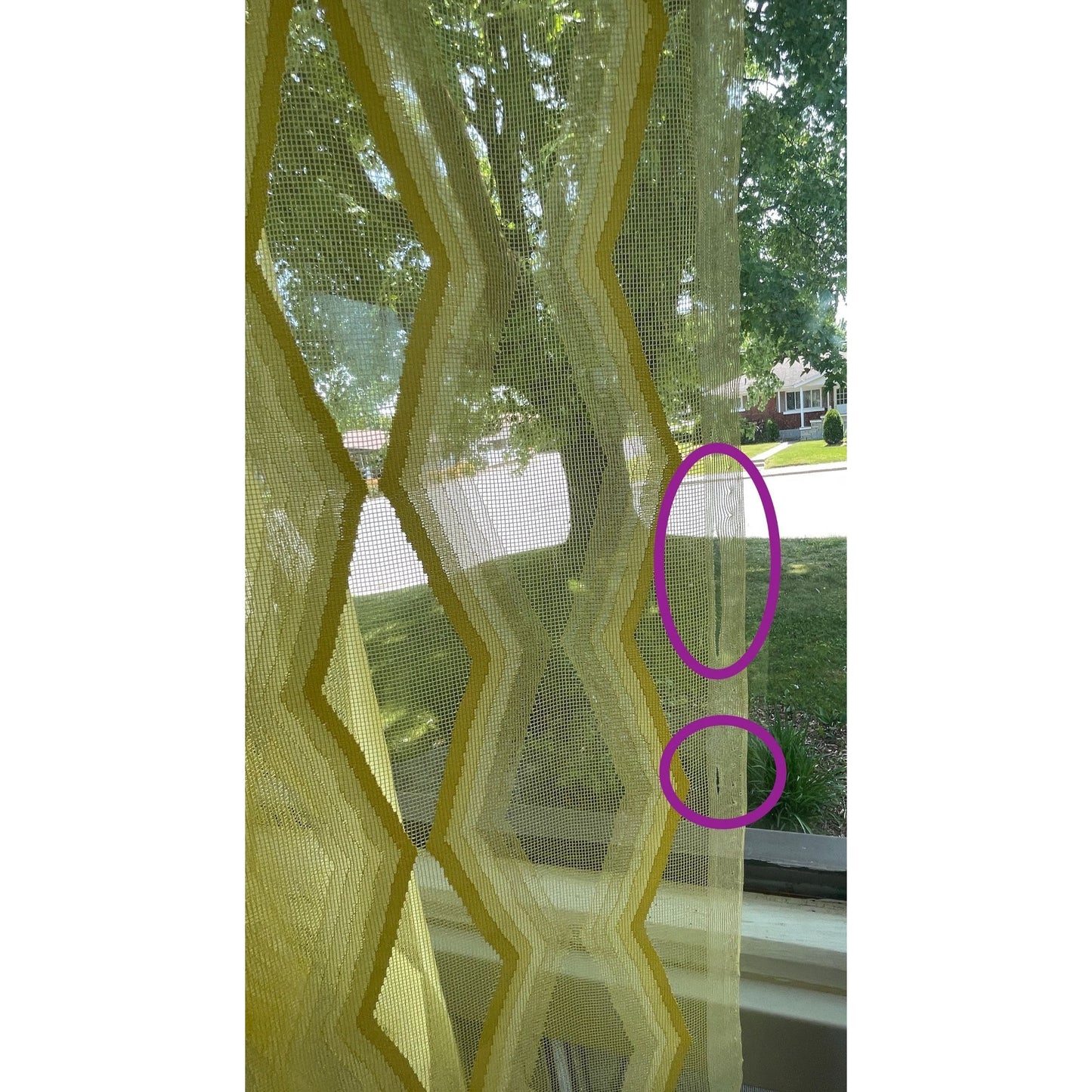 Vintage 70s curtain, yellow geometric sheer fabric