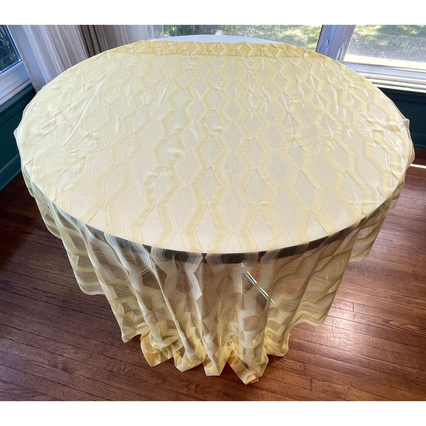 Vintage 70s curtain, yellow geometric sheer fabric