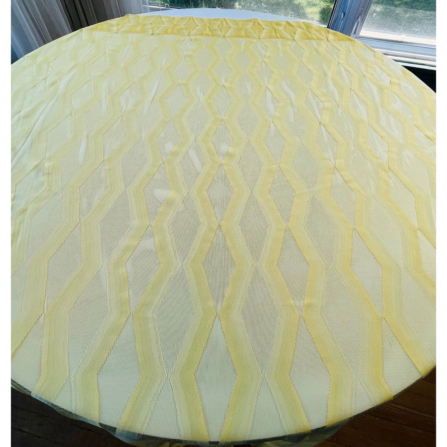 Vintage 70s curtain, yellow geometric sheer fabric