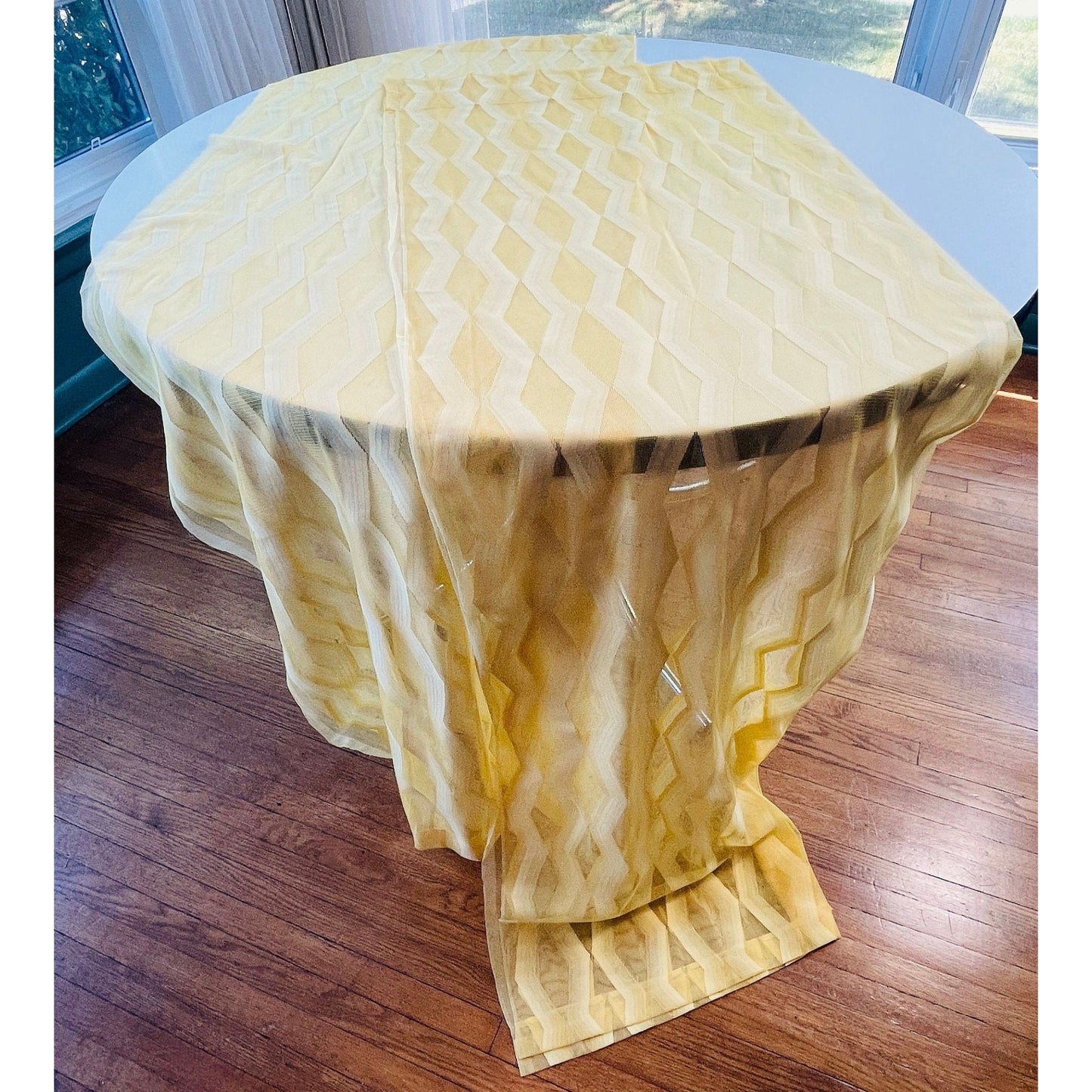 Vintage 70s curtain, yellow geometric sheer fabric