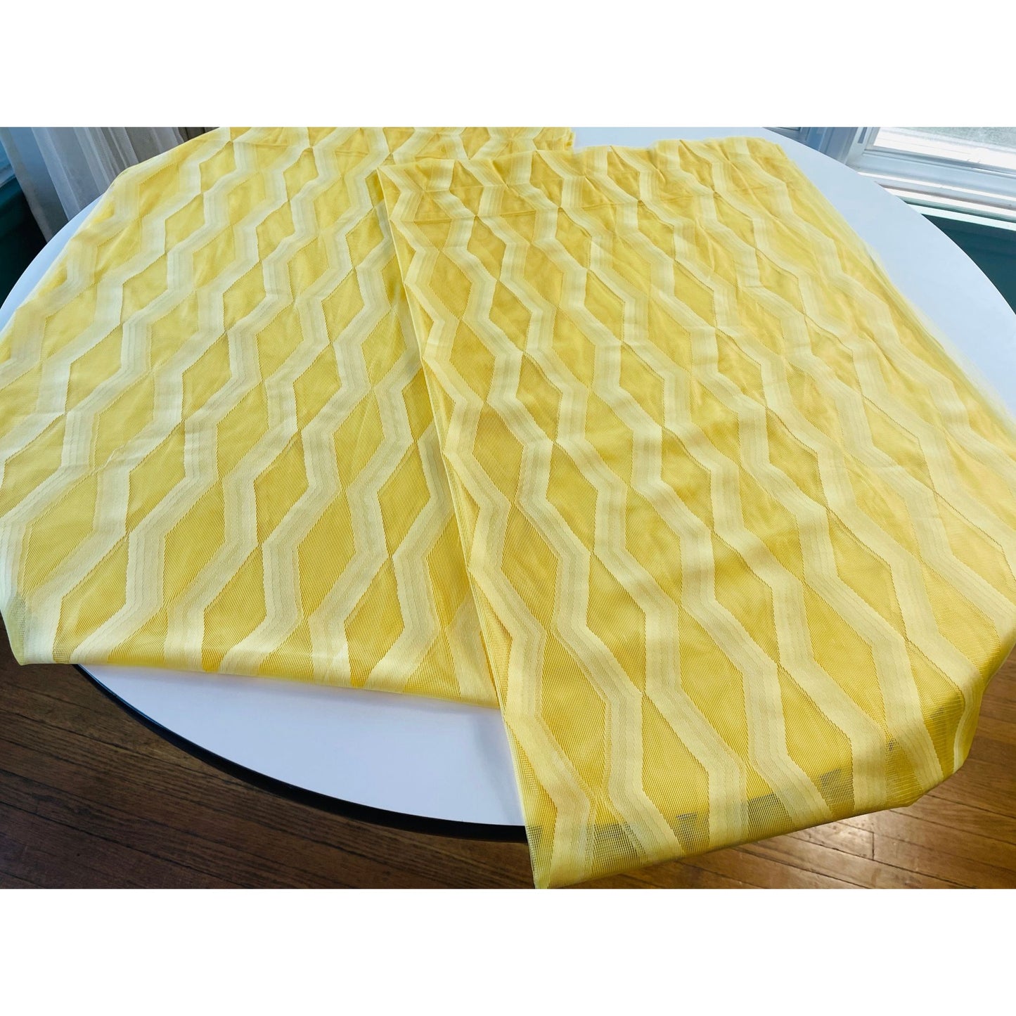 Vintage 70s curtain, yellow geometric sheer fabric