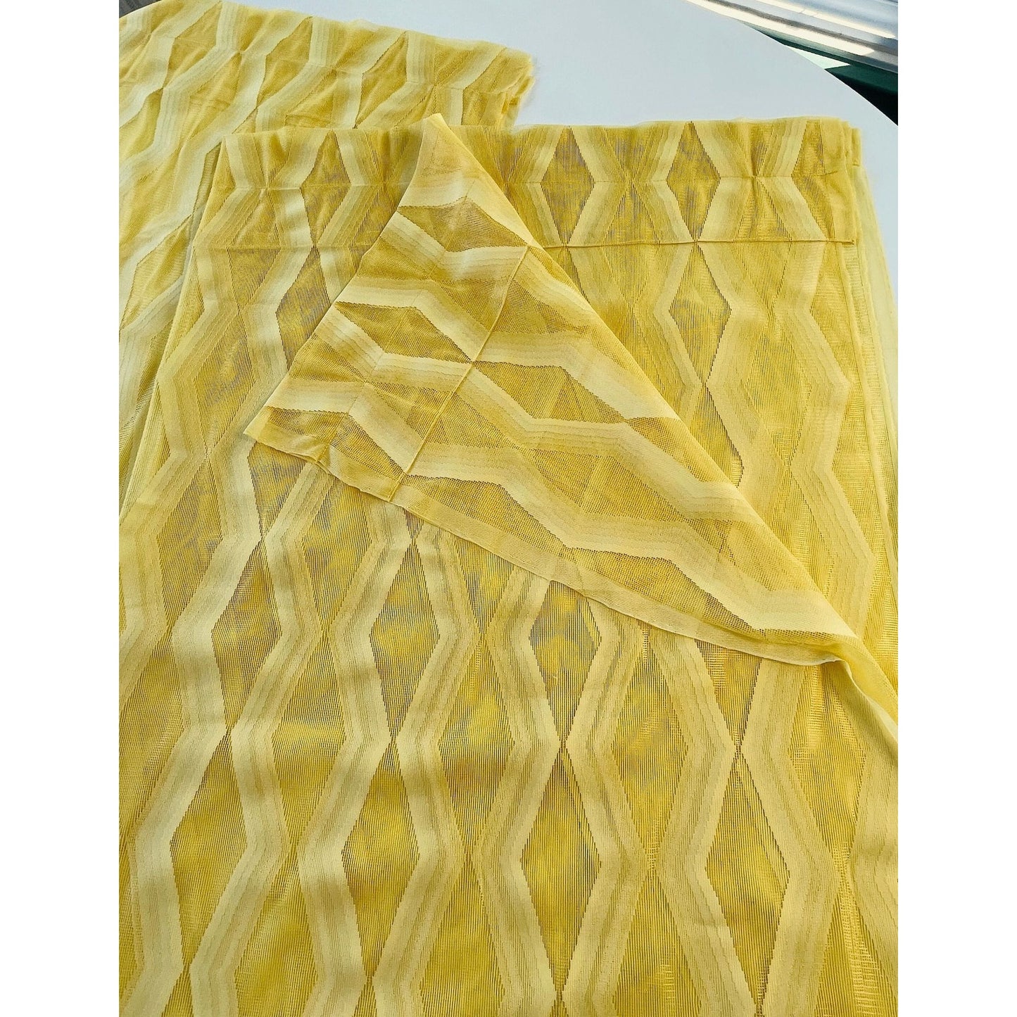 Vintage 70s curtain, yellow geometric sheer fabric
