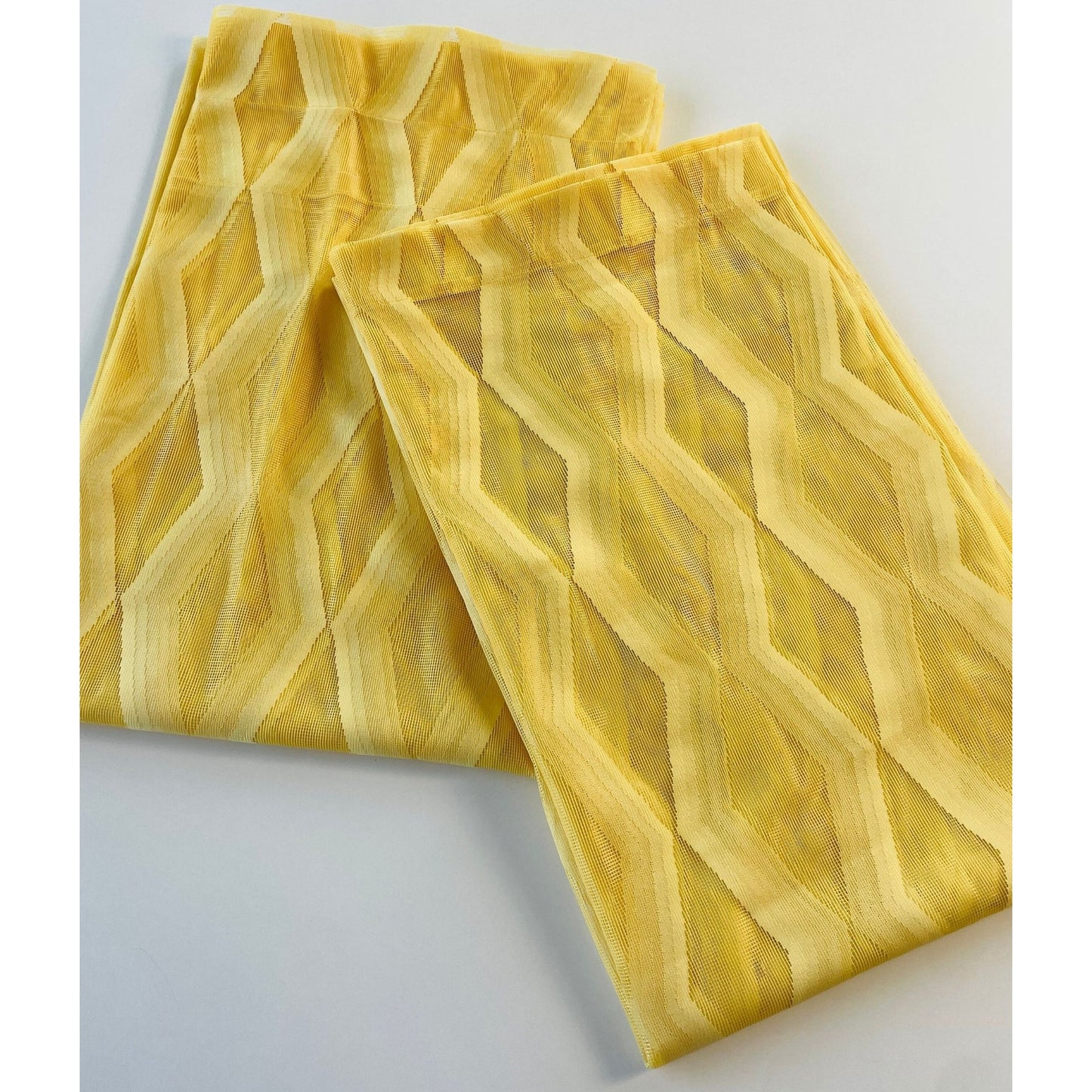 Vintage 70s curtain, yellow geometric sheer fabric