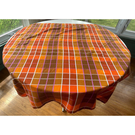 Vintage 70s pleated curtain, orange brown yellow and purple plaid pattern