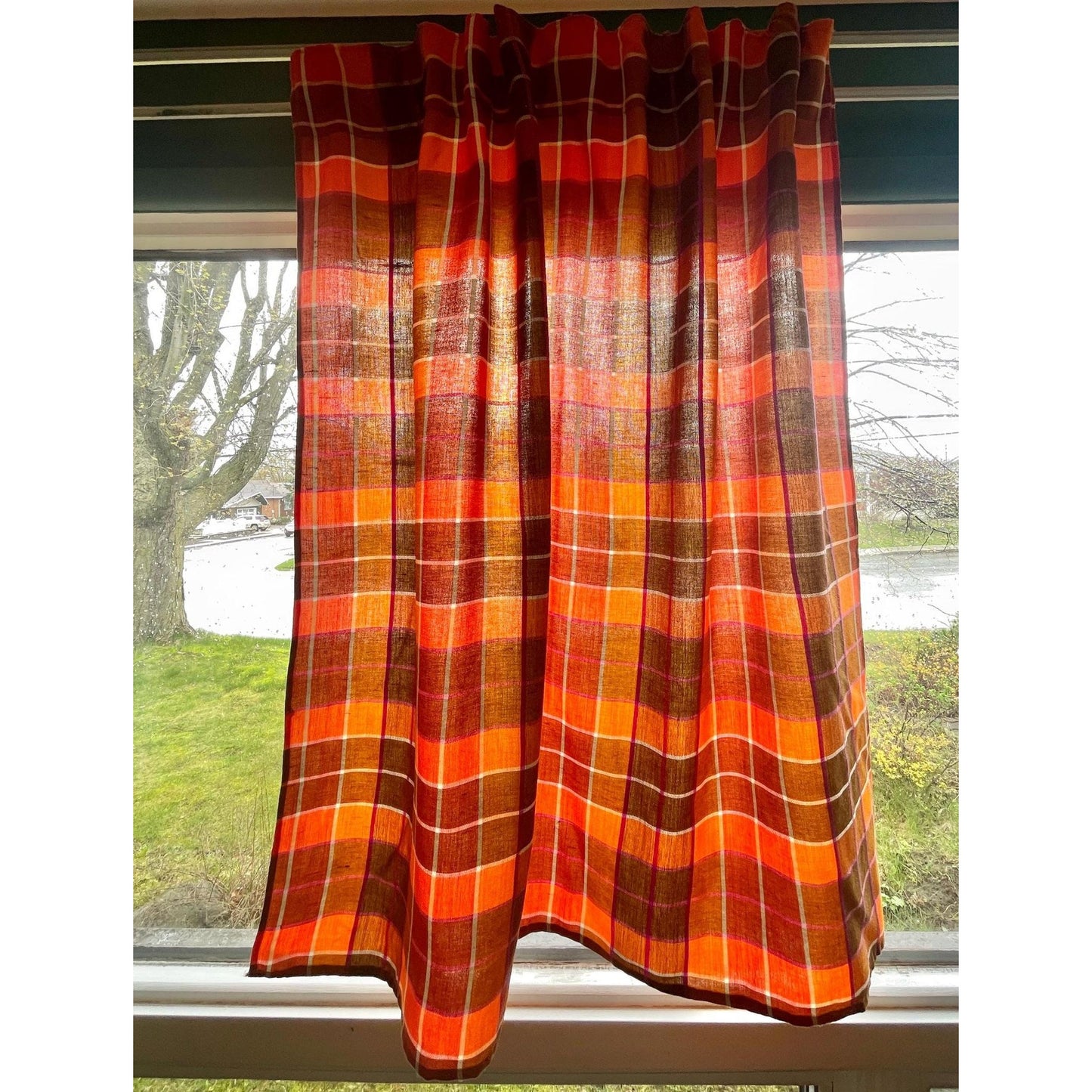 Vintage 70s pleated curtain, orange brown yellow and purple plaid pattern
