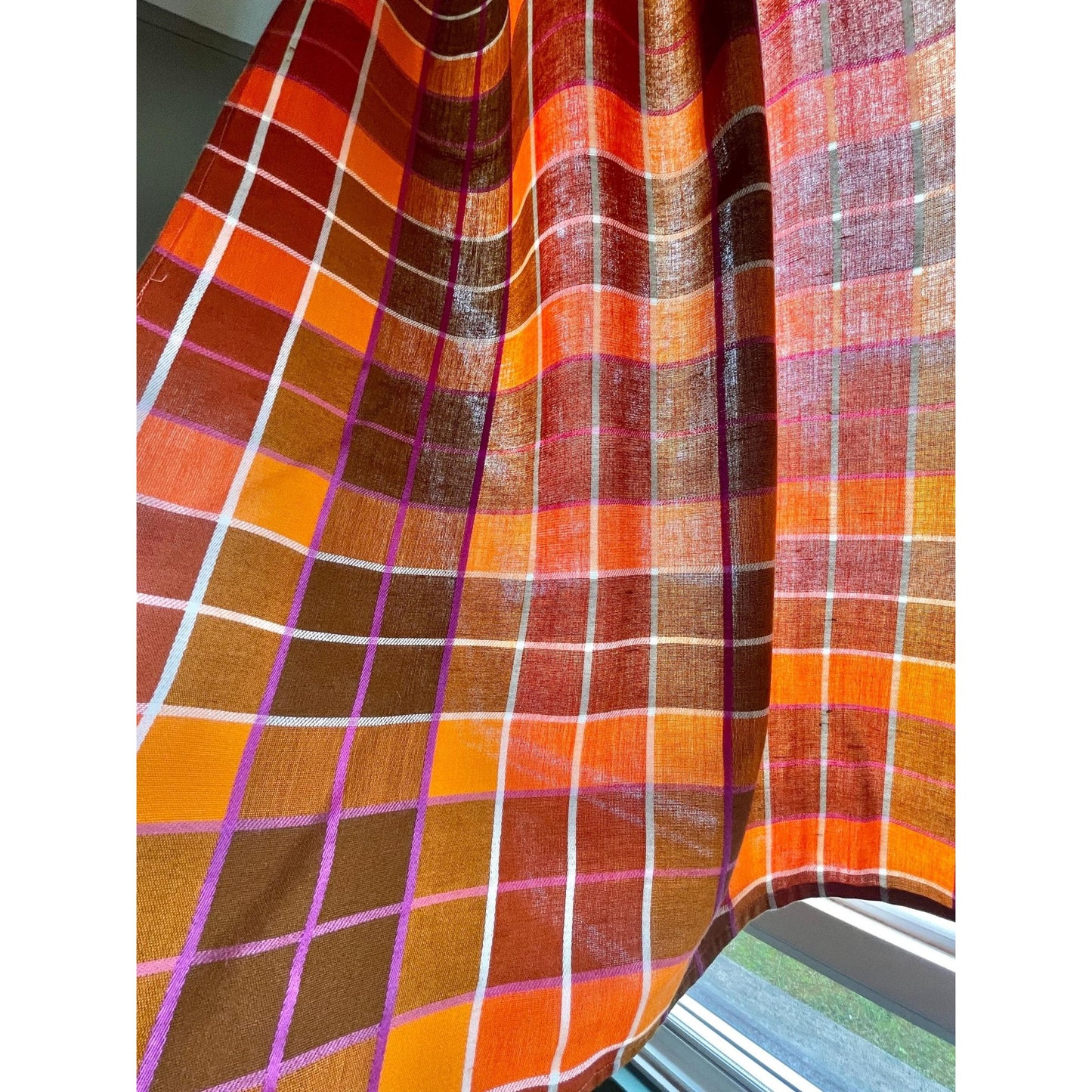 Vintage 70s pleated curtain, orange brown yellow and purple plaid pattern