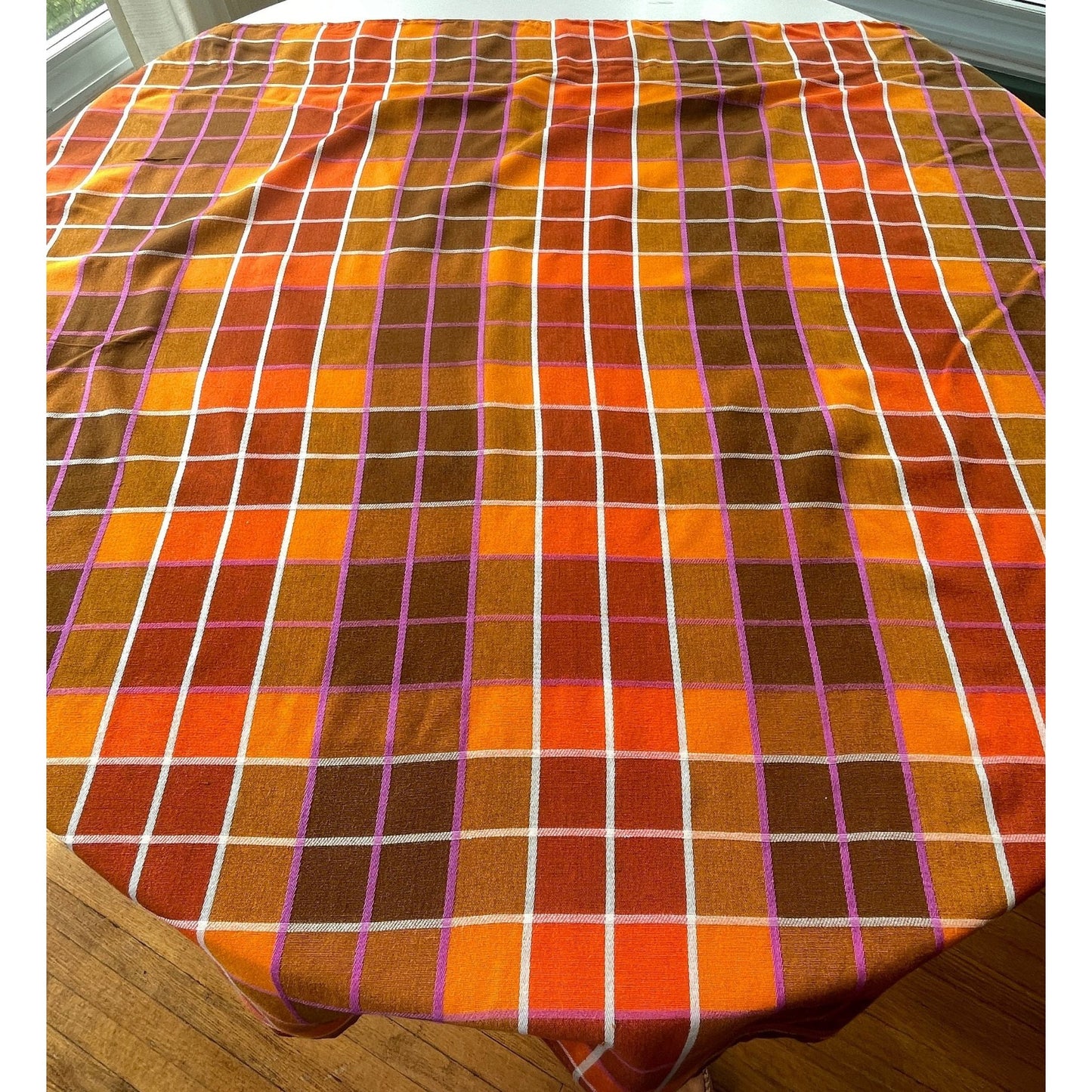 Vintage 70s pleated curtain, orange brown yellow and purple plaid pattern