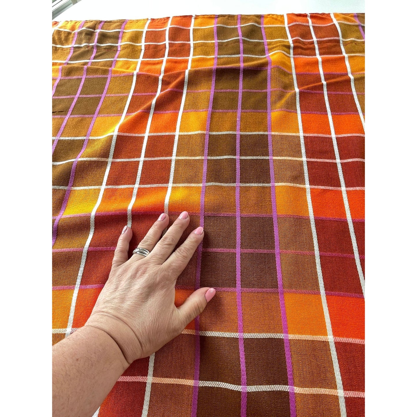 Vintage 70s pleated curtain, orange brown yellow and purple plaid pattern