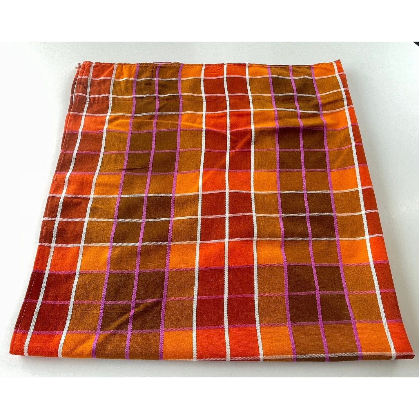 Vintage 70s pleated curtain, orange brown yellow and purple plaid pattern