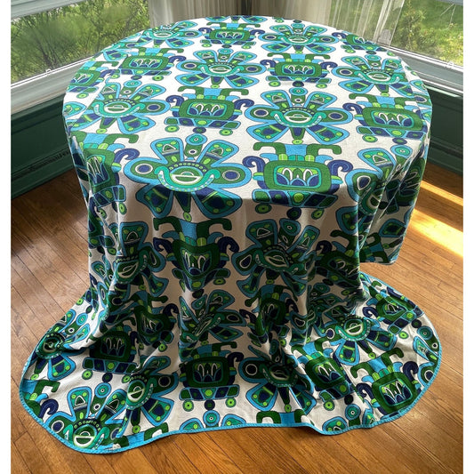 Vintage 70s bedspread, blue green MOD abstract pattern, twin size bed
