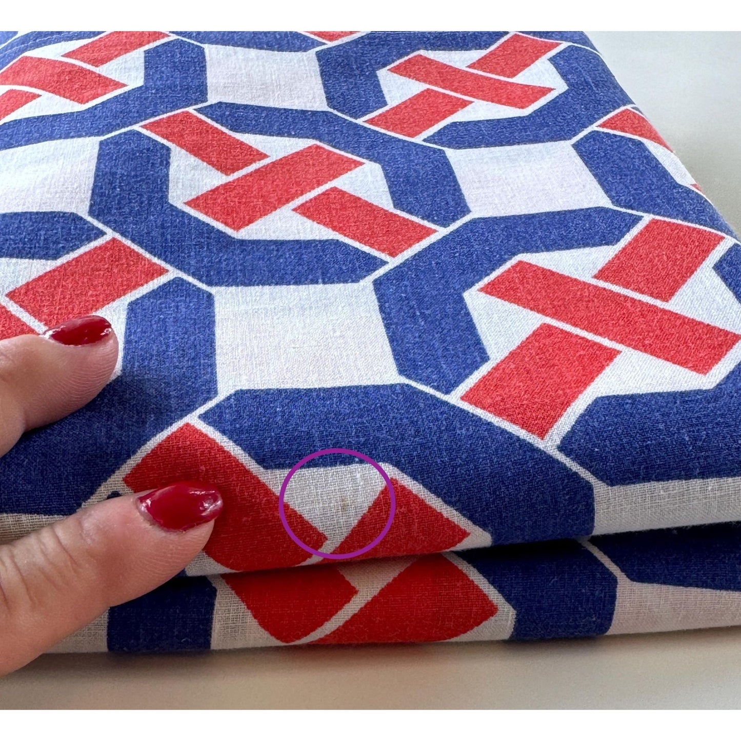 Vintage 70s flat / top sheet, geometric red white and blue shapes, twin size bed, Simpson Sears