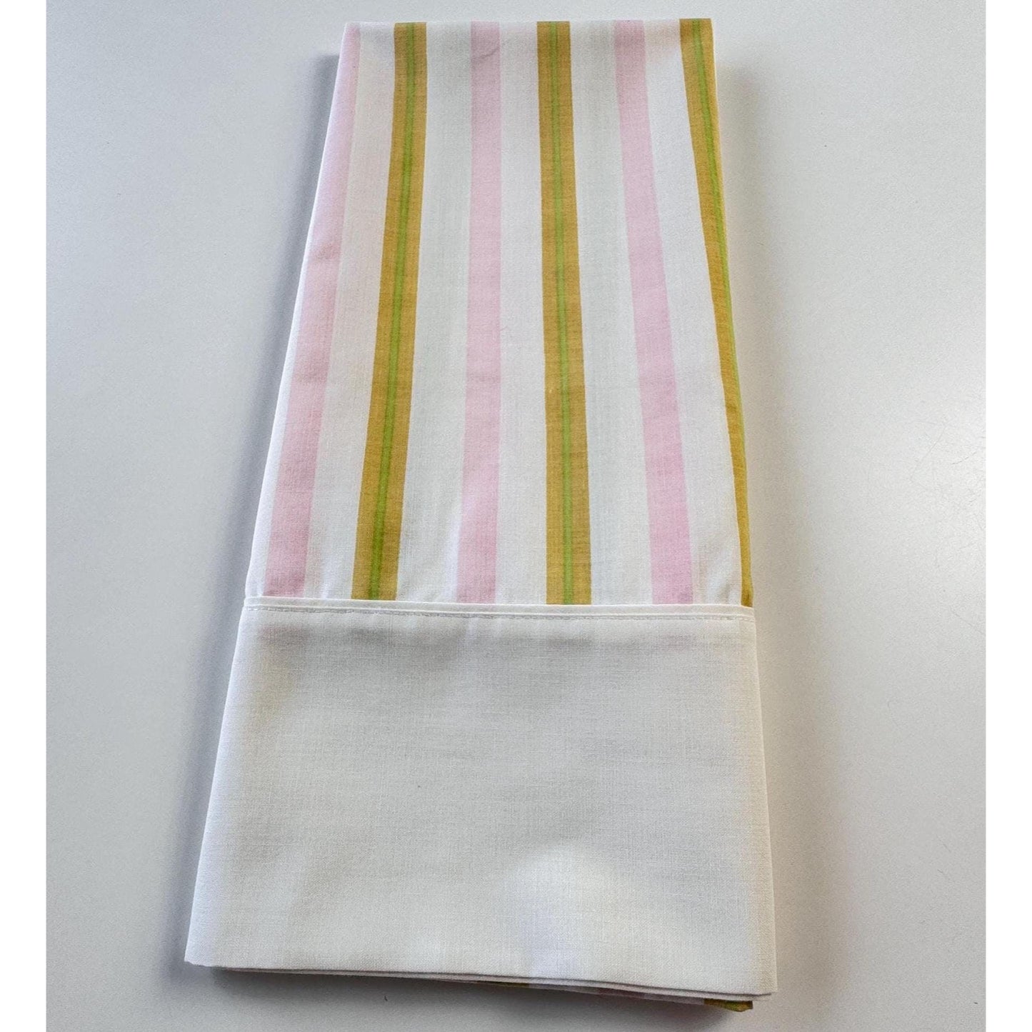 Vintage 70s pillowcase, pink yellow and white stripes, Cannon Royal Family, Featherlite