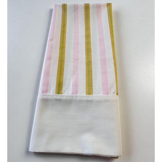 Vintage 70s pillowcase, pink yellow and white stripes, Cannon Royal Family, Featherlite