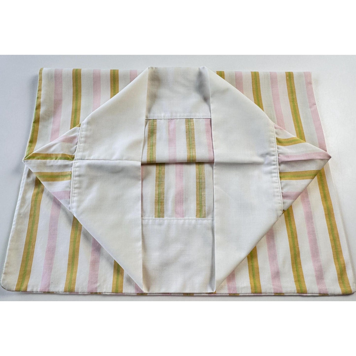 Vintage 70s pillowcase, pink yellow and white stripes, Cannon Royal Family, Featherlite