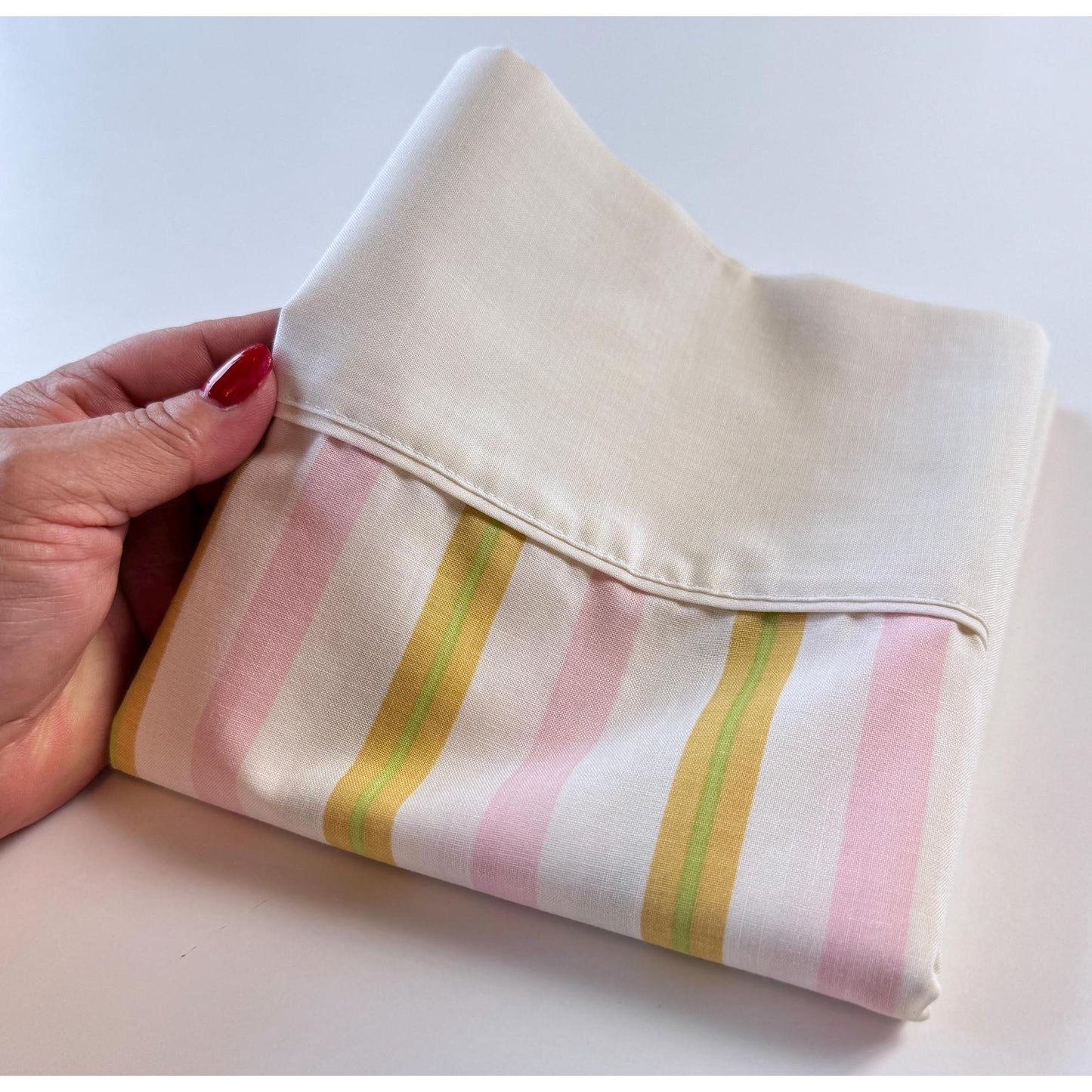 Vintage 70s pillowcase, pink yellow and white stripes, Cannon Royal Family, Featherlite