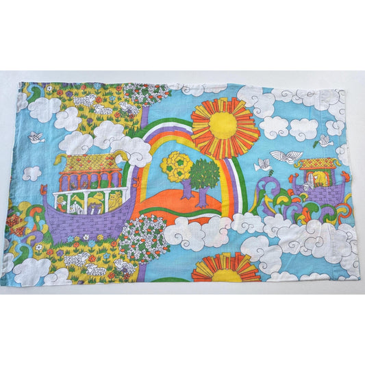 Vintage 1970s single pillowcase, Sears Noah's Ark, groovy animals