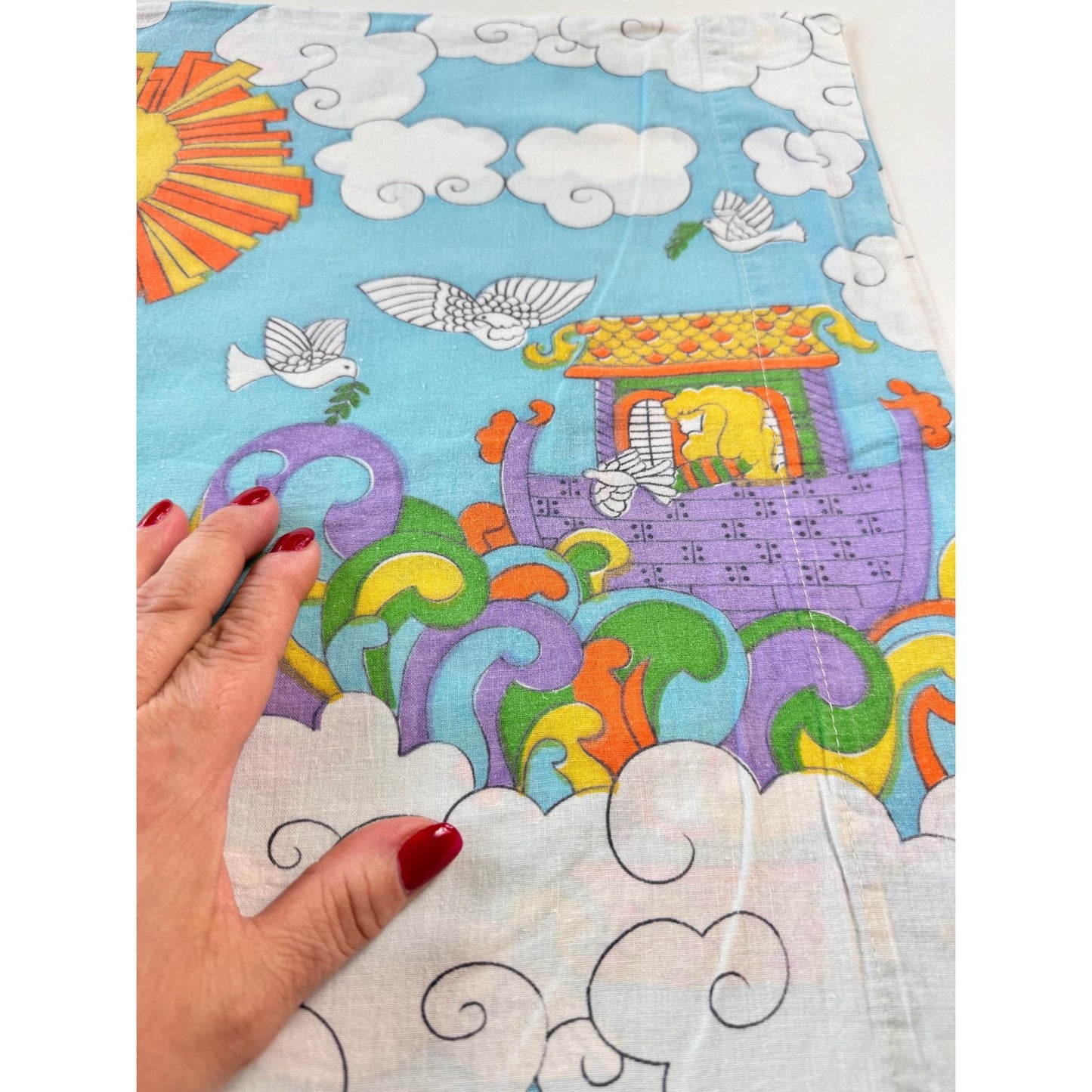 Vintage 1970s single pillowcase, Sears Noah's Ark, groovy animals
