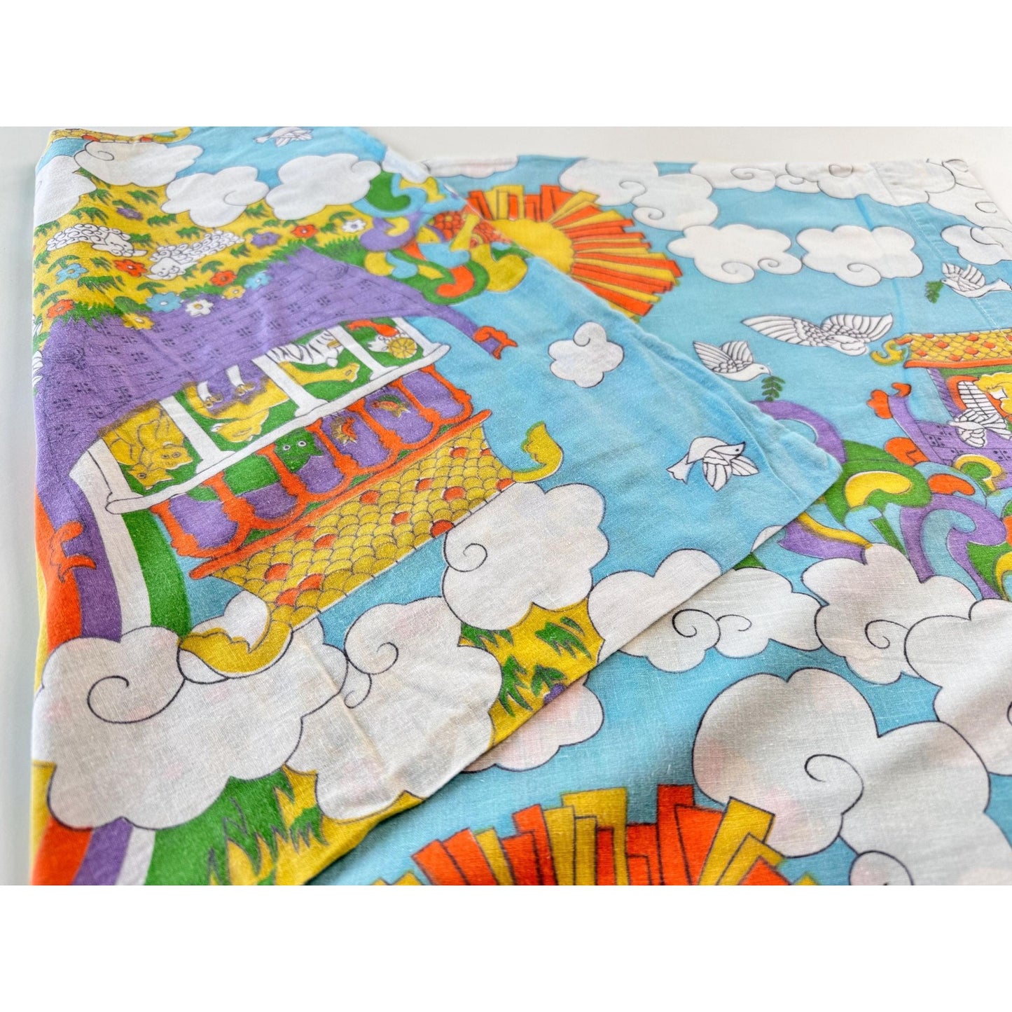 Vintage 1970s single pillowcase, Sears Noah's Ark, groovy animals