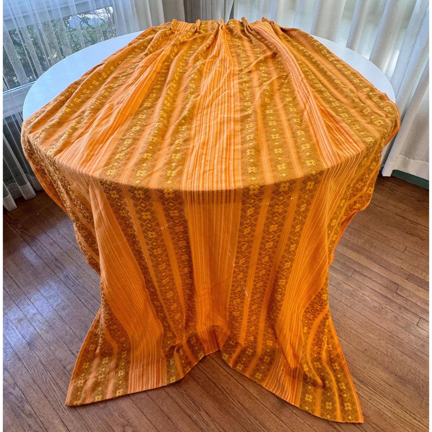 Vintage 70s pleated curtain, yellow orange and green stripes, woven panel