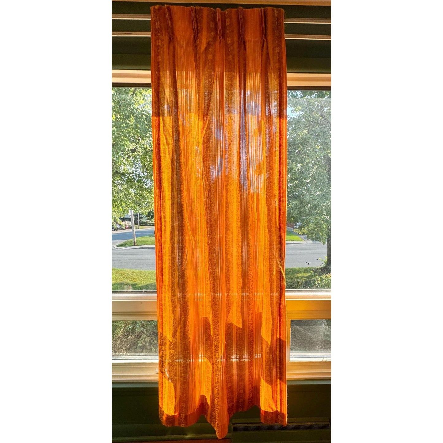 Vintage 70s pleated curtain, yellow orange and green stripes, woven panel