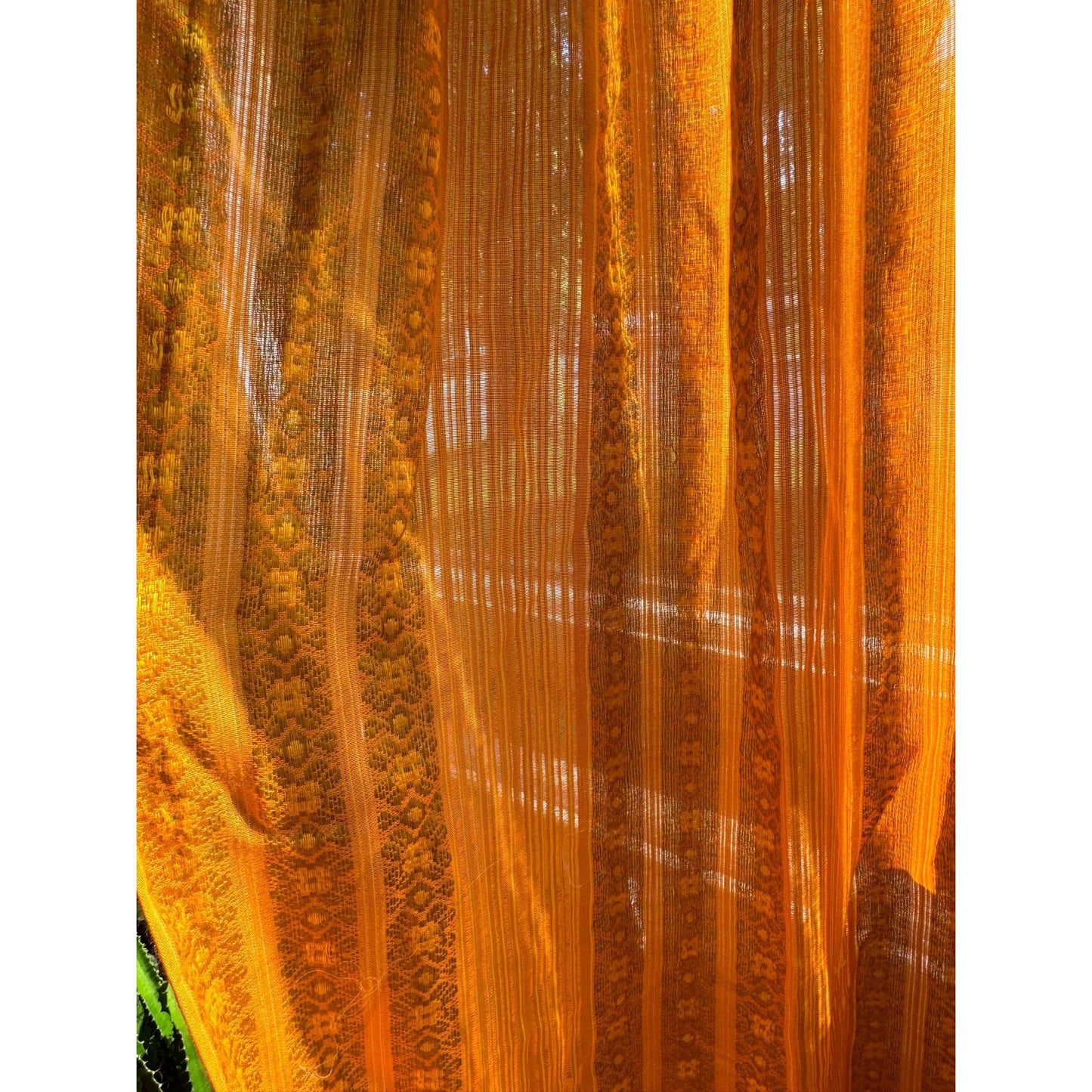 Vintage 70s pleated curtain, yellow orange and green stripes, woven panel