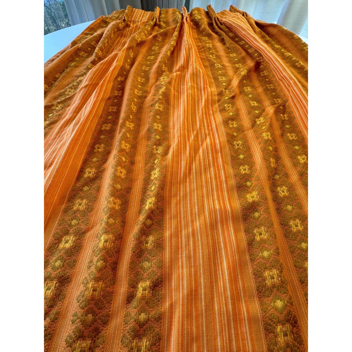 Vintage 70s pleated curtain, yellow orange and green stripes, woven panel