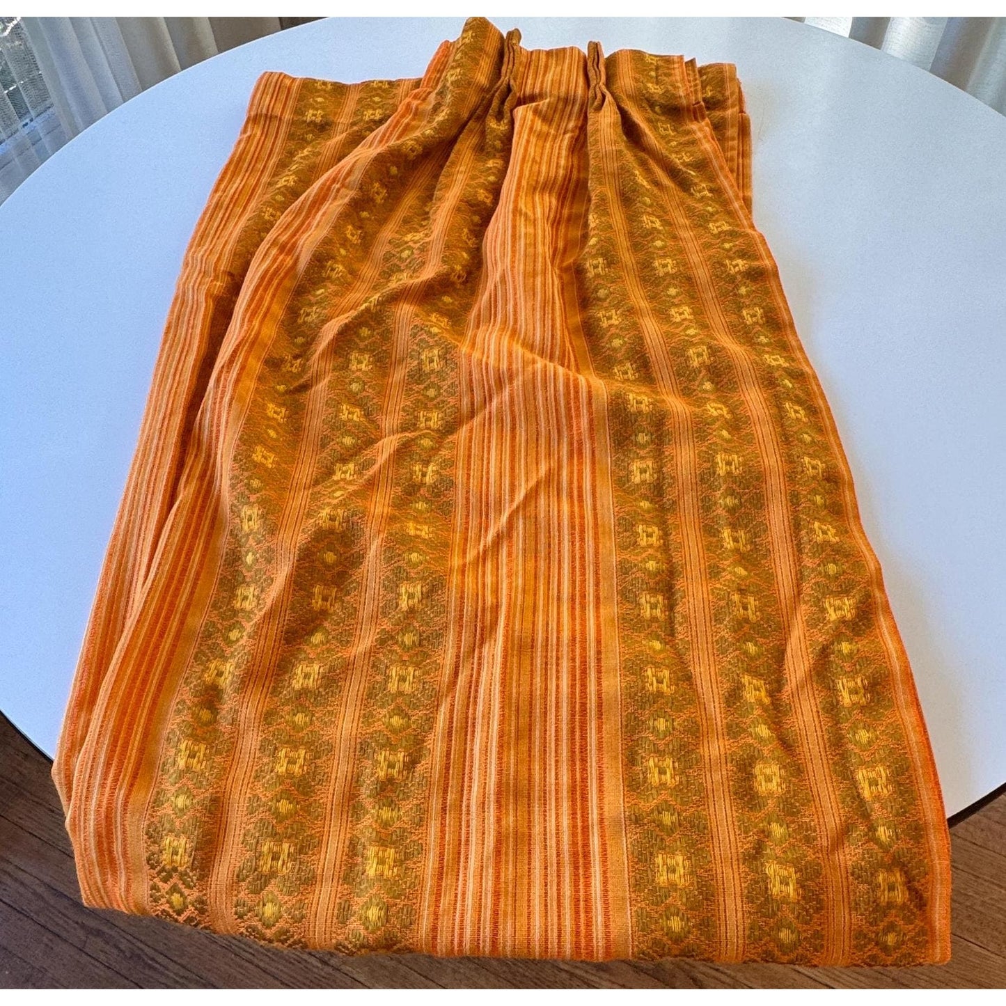 Vintage 70s pleated curtain, yellow orange and green stripes, woven panel