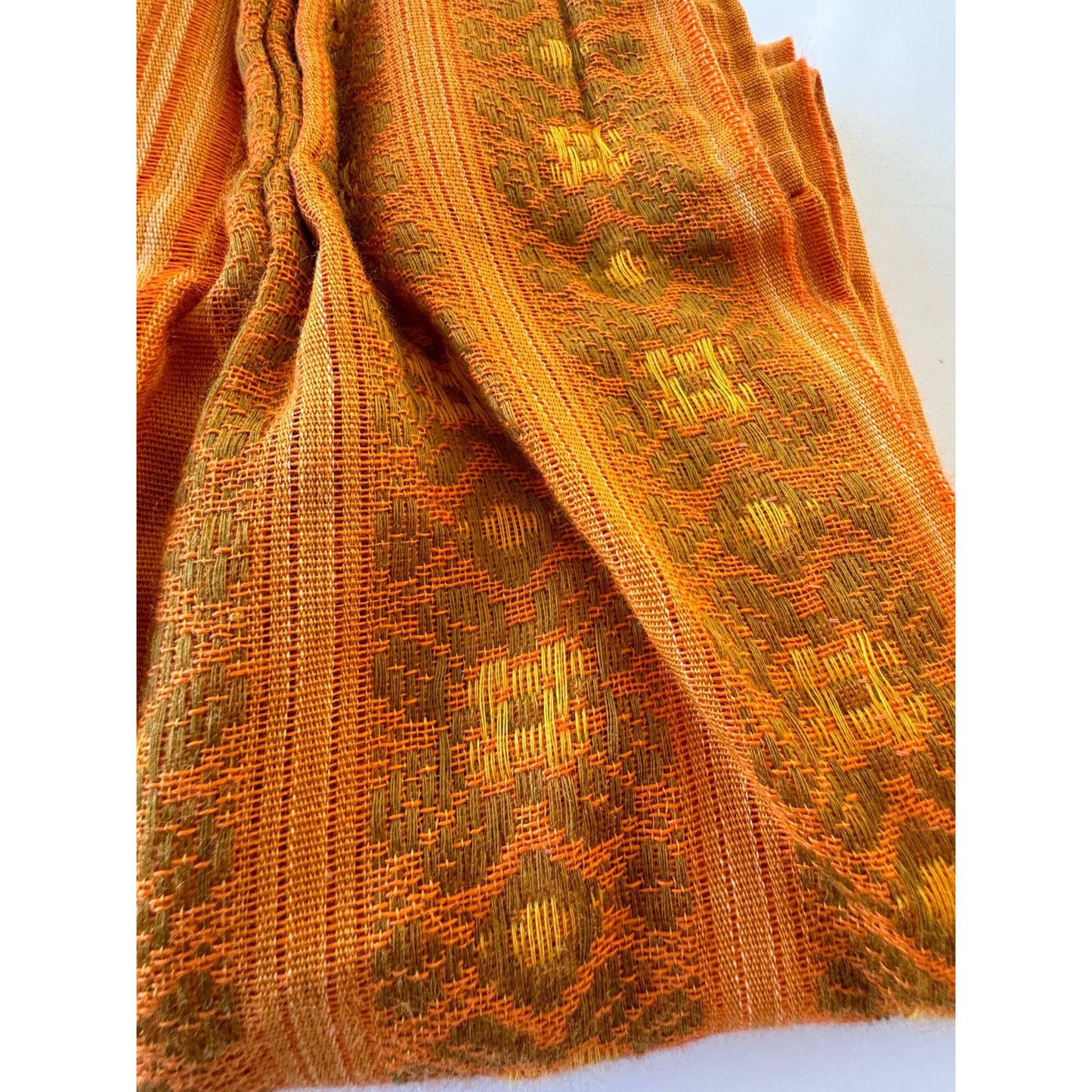 Vintage 70s pleated curtain, yellow orange and green stripes, woven panel
