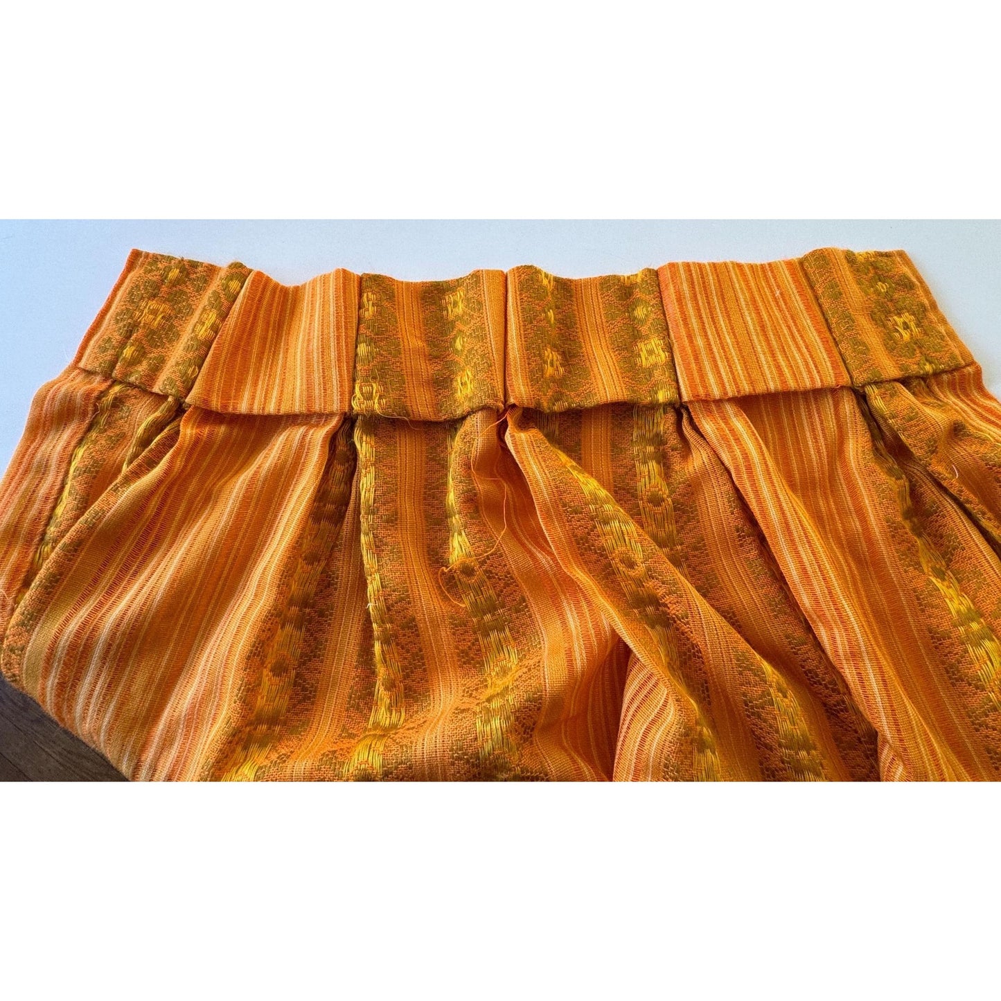Vintage 70s pleated curtain, yellow orange and green stripes, woven panel