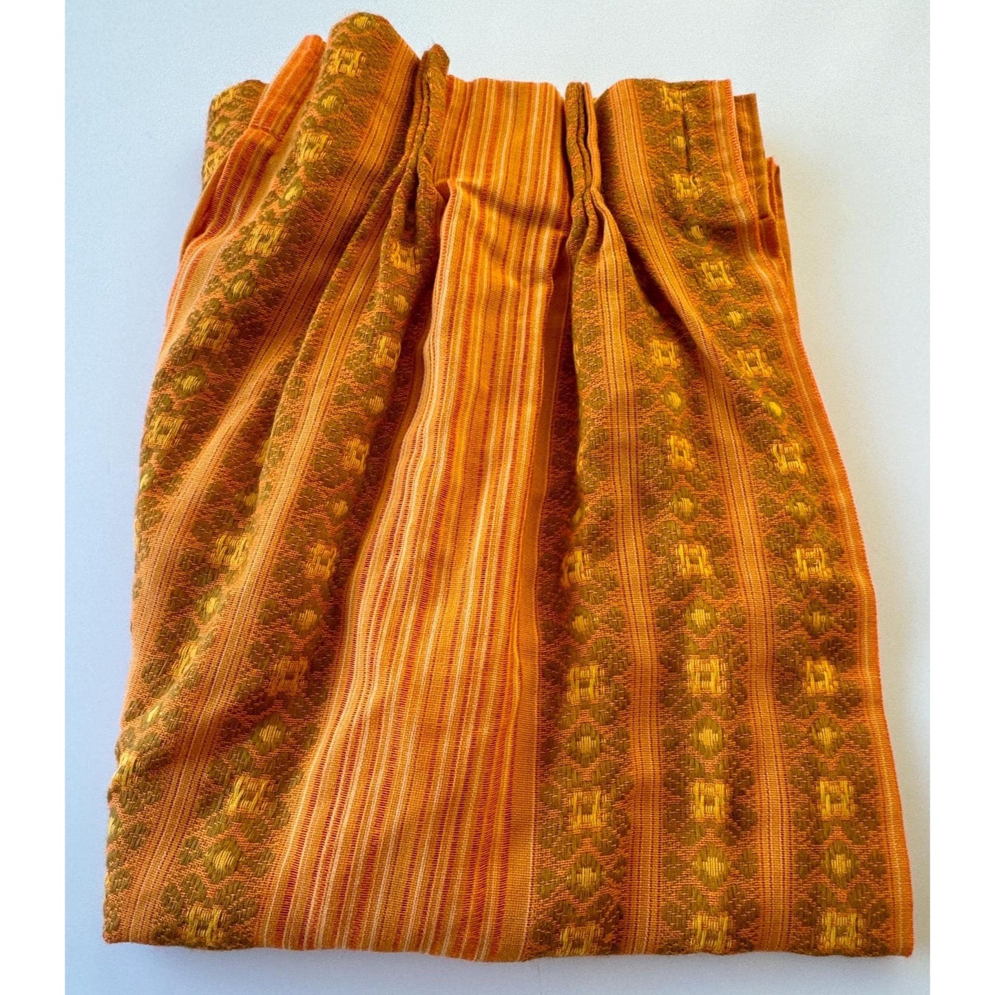 Vintage 70s pleated curtain, yellow orange and green stripes, woven panel