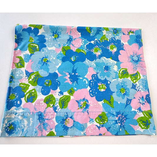 Vintage 70s pillowcase, blue pink green flower power, Wabasso