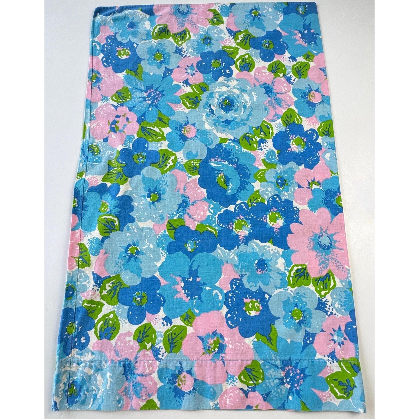 Vintage 70s pillowcase, blue pink green flower power, Wabasso