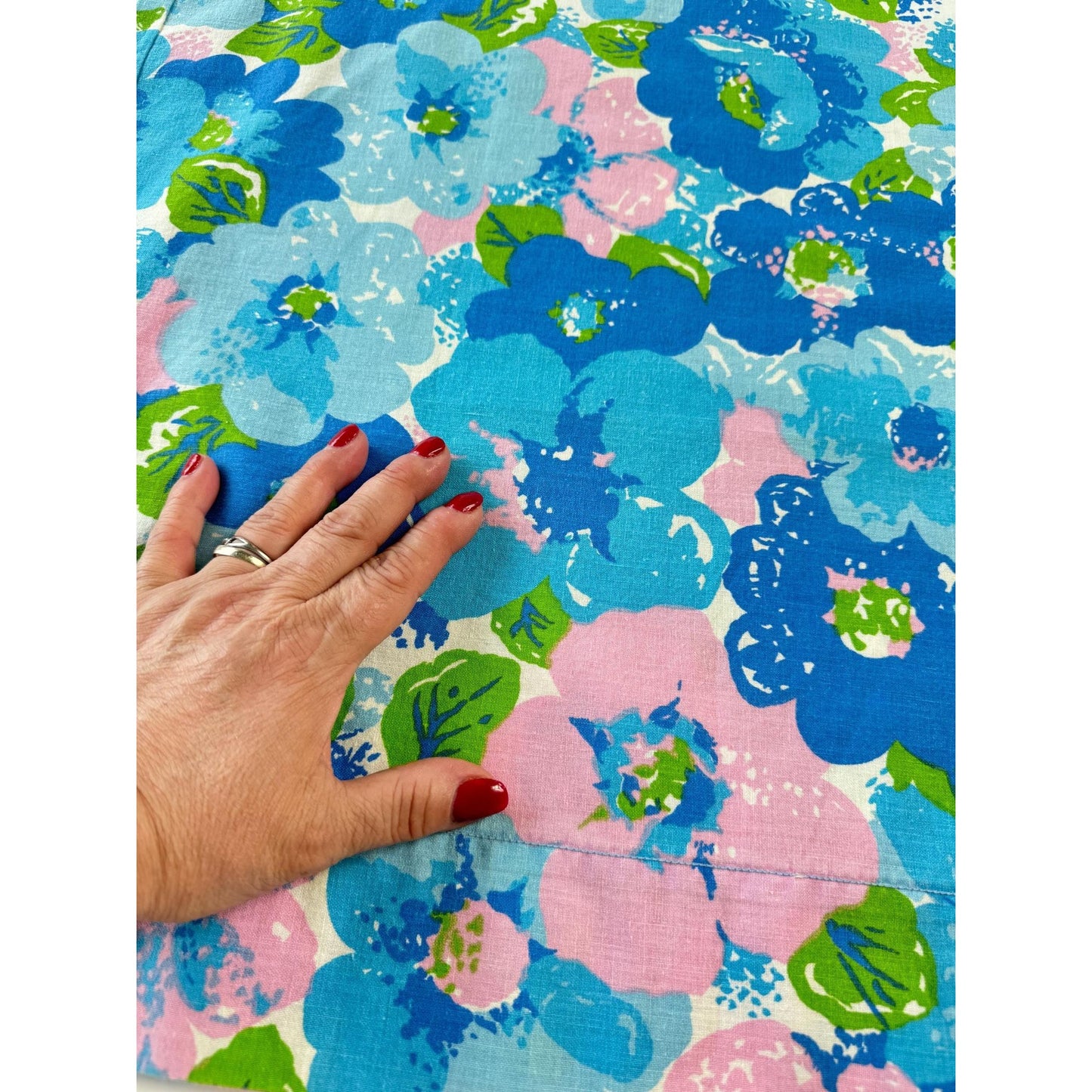 Vintage 70s pillowcase, blue pink green flower power, Wabasso