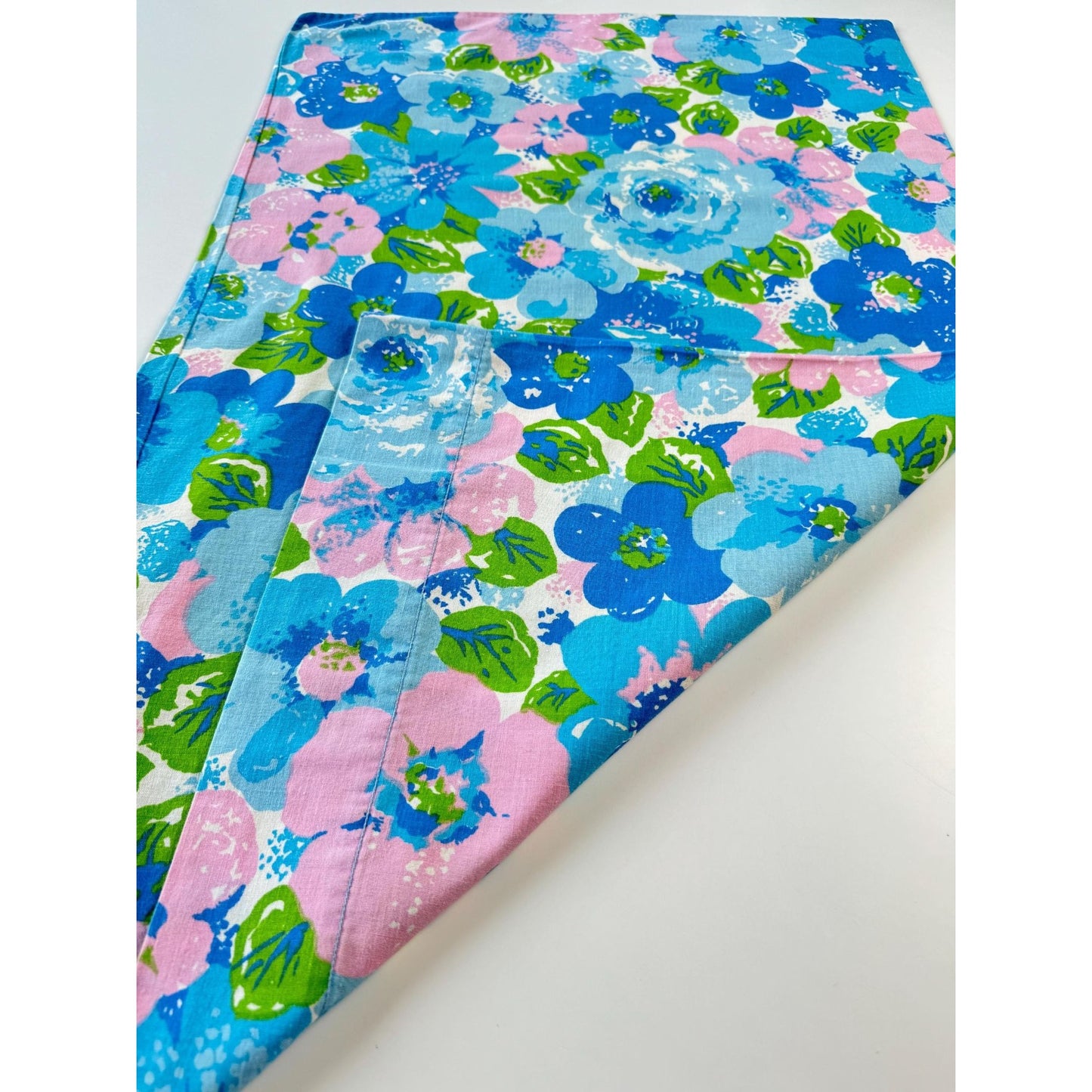 Vintage 70s pillowcase, blue pink green flower power, Wabasso