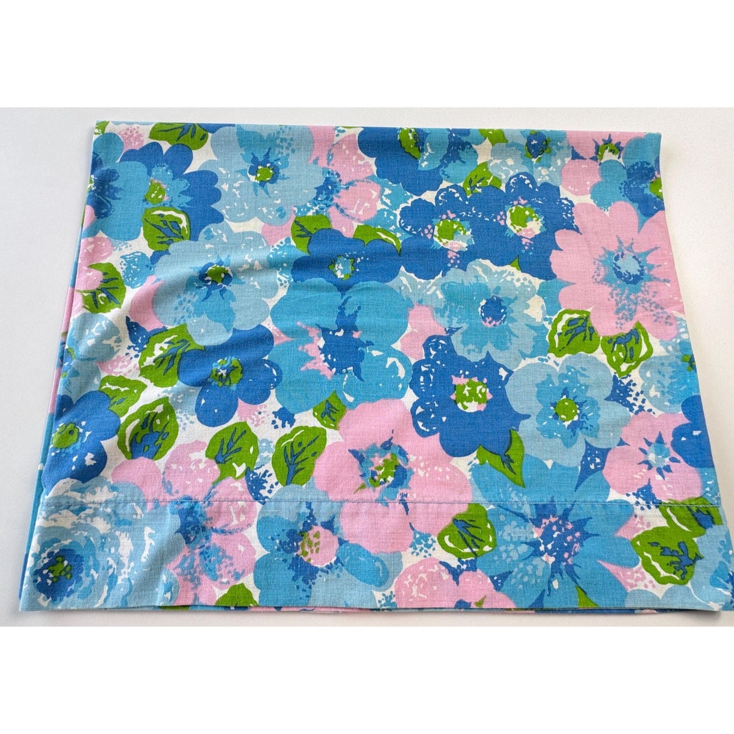 Vintage 70s pillowcase, blue pink green flower power, Wabasso