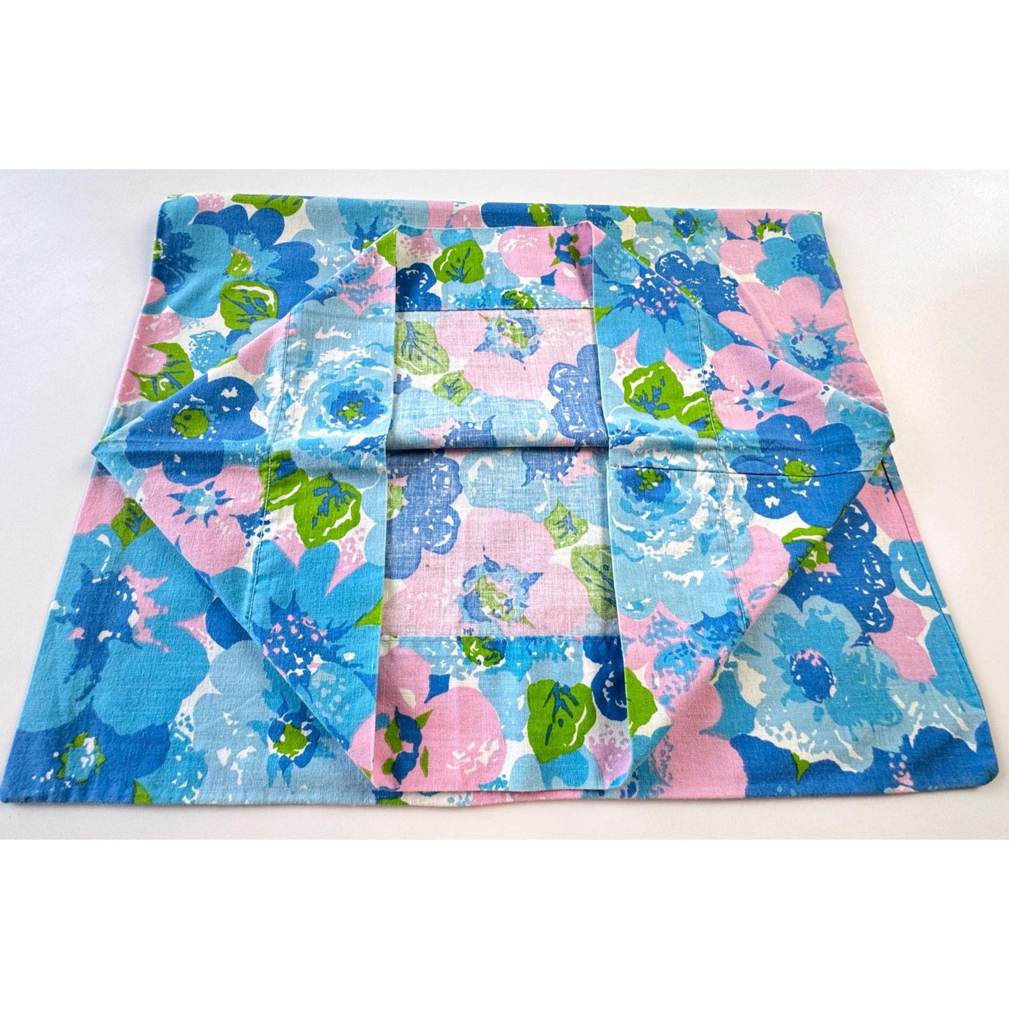 Vintage 70s pillowcase, blue pink green flower power, Wabasso