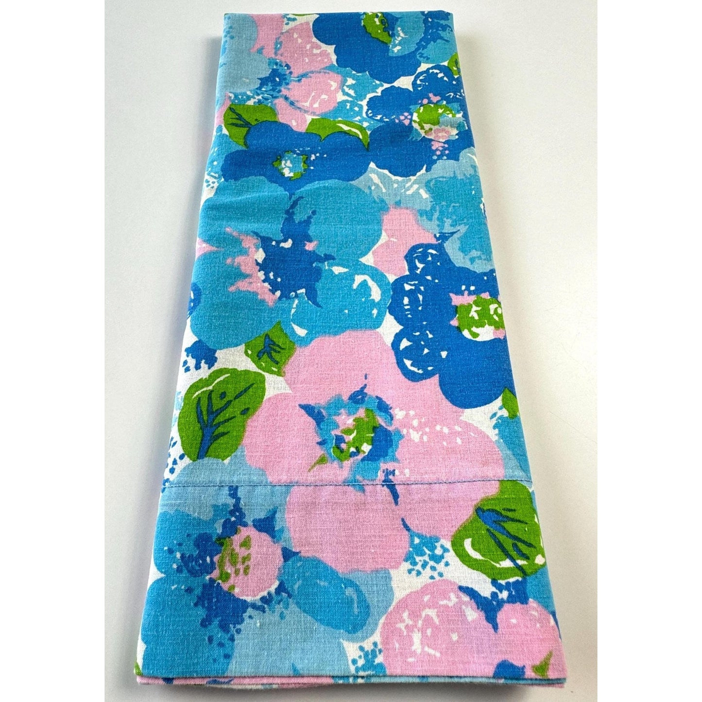 Vintage 70s pillowcase, blue pink green flower power, Wabasso
