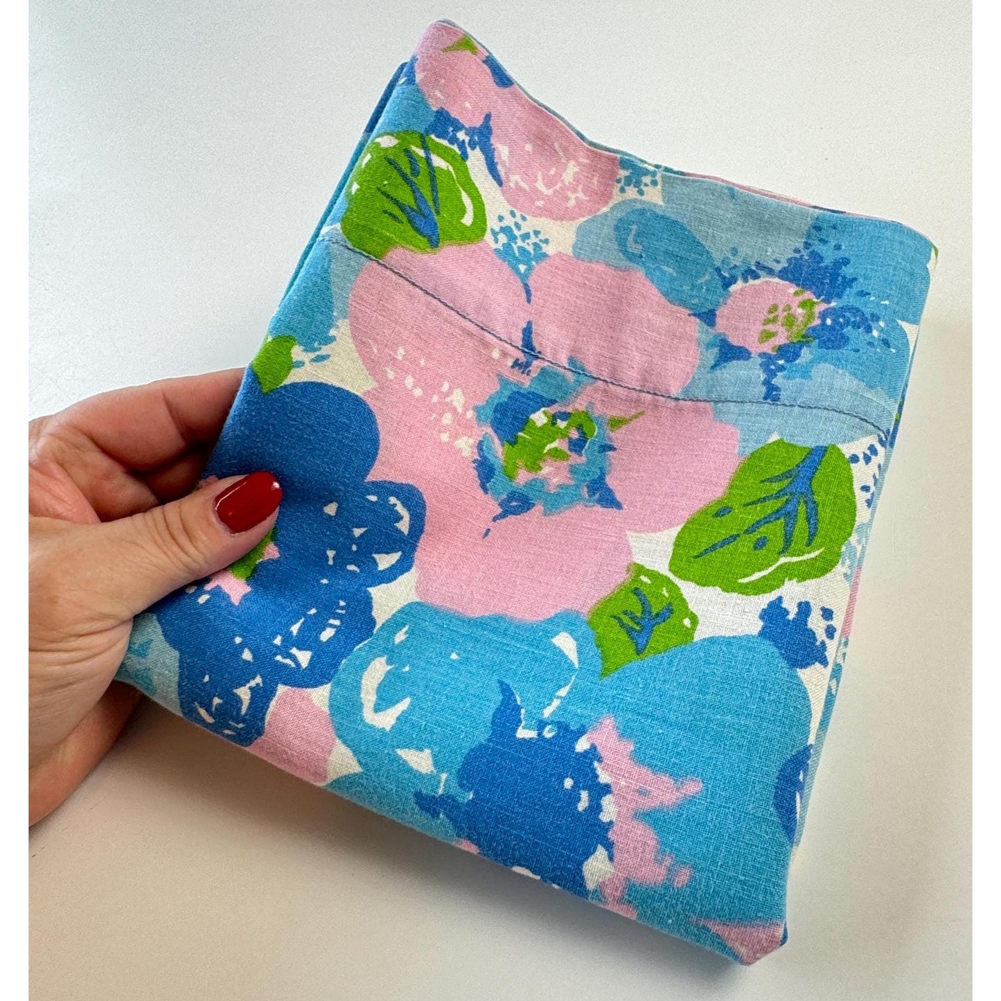 Vintage 70s pillowcase, blue pink green flower power, Wabasso