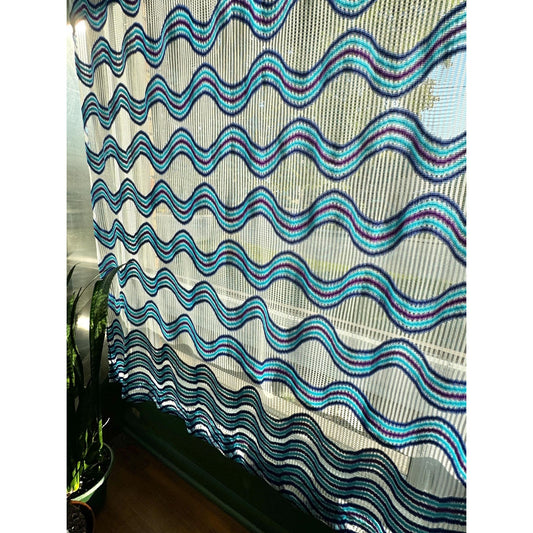 Vintage 70s curtain, blue, purple, white groovy pattern