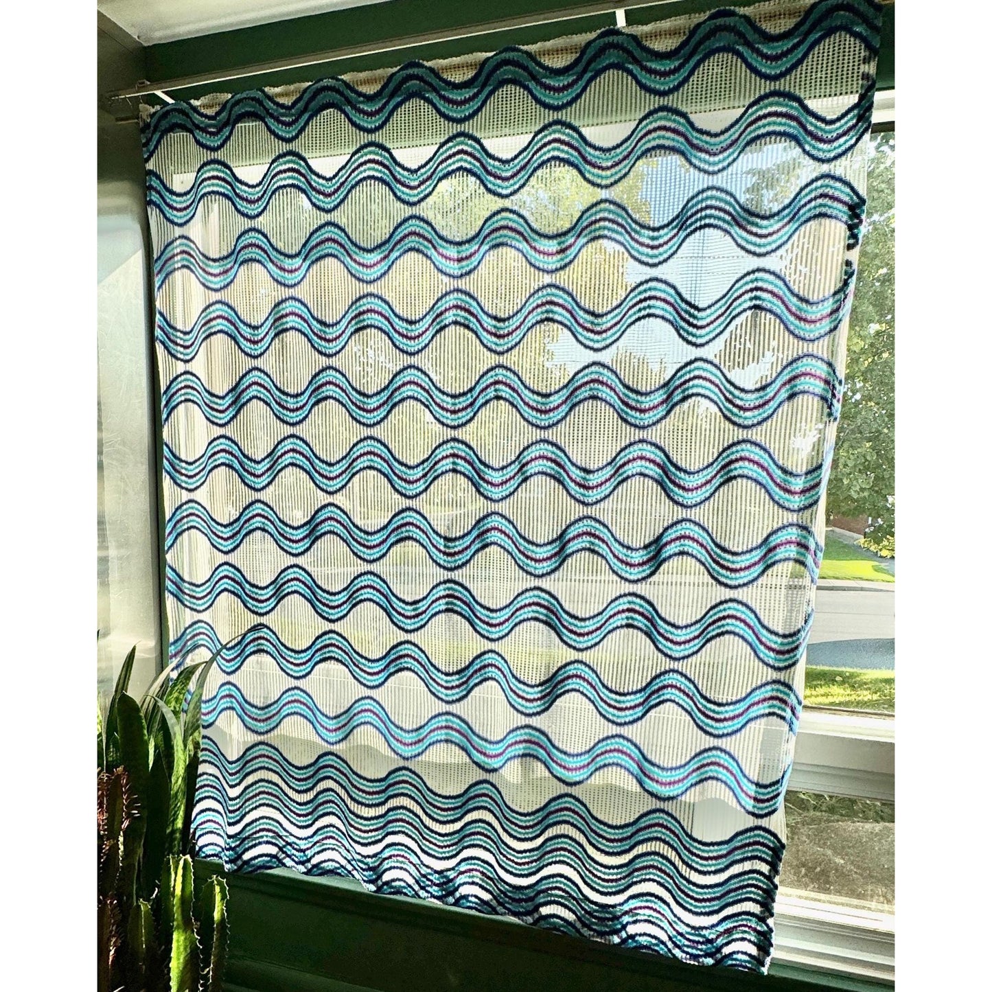 Vintage 70s curtain, blue, purple, white groovy pattern